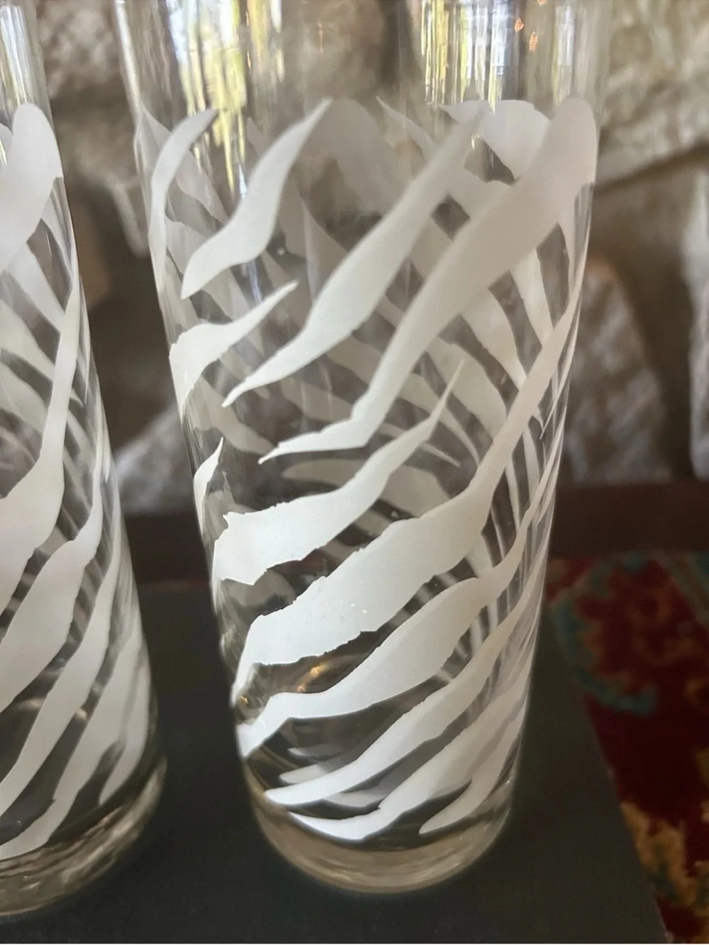 4 Vintage Zebra Striped Frosted Highball Cocktail Glass Tumblers Jungle 70's